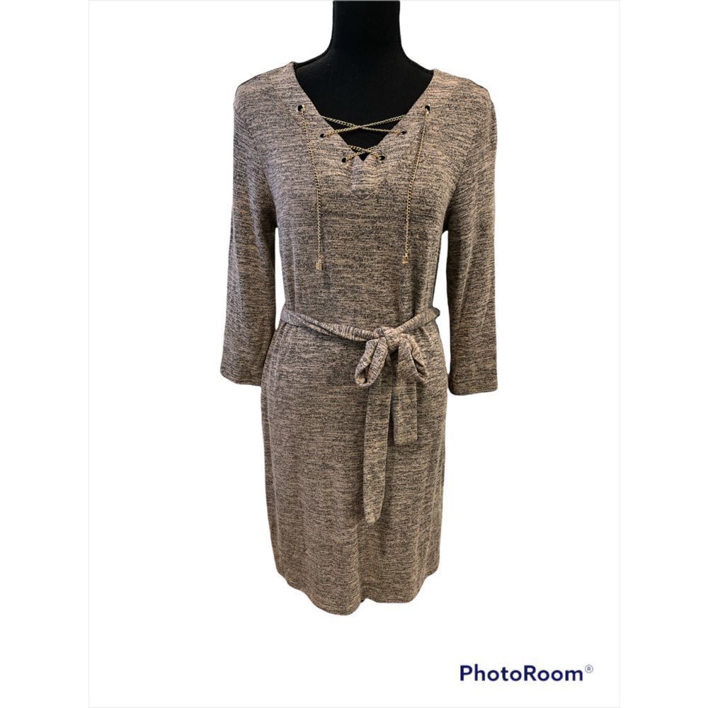 Haani Heathered Taupe Lace-Up Belted Knit Mini Dress